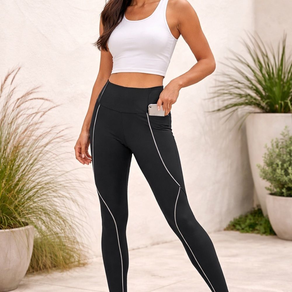 Athleta Tailwind 7/8 Tight Black with White piping size M